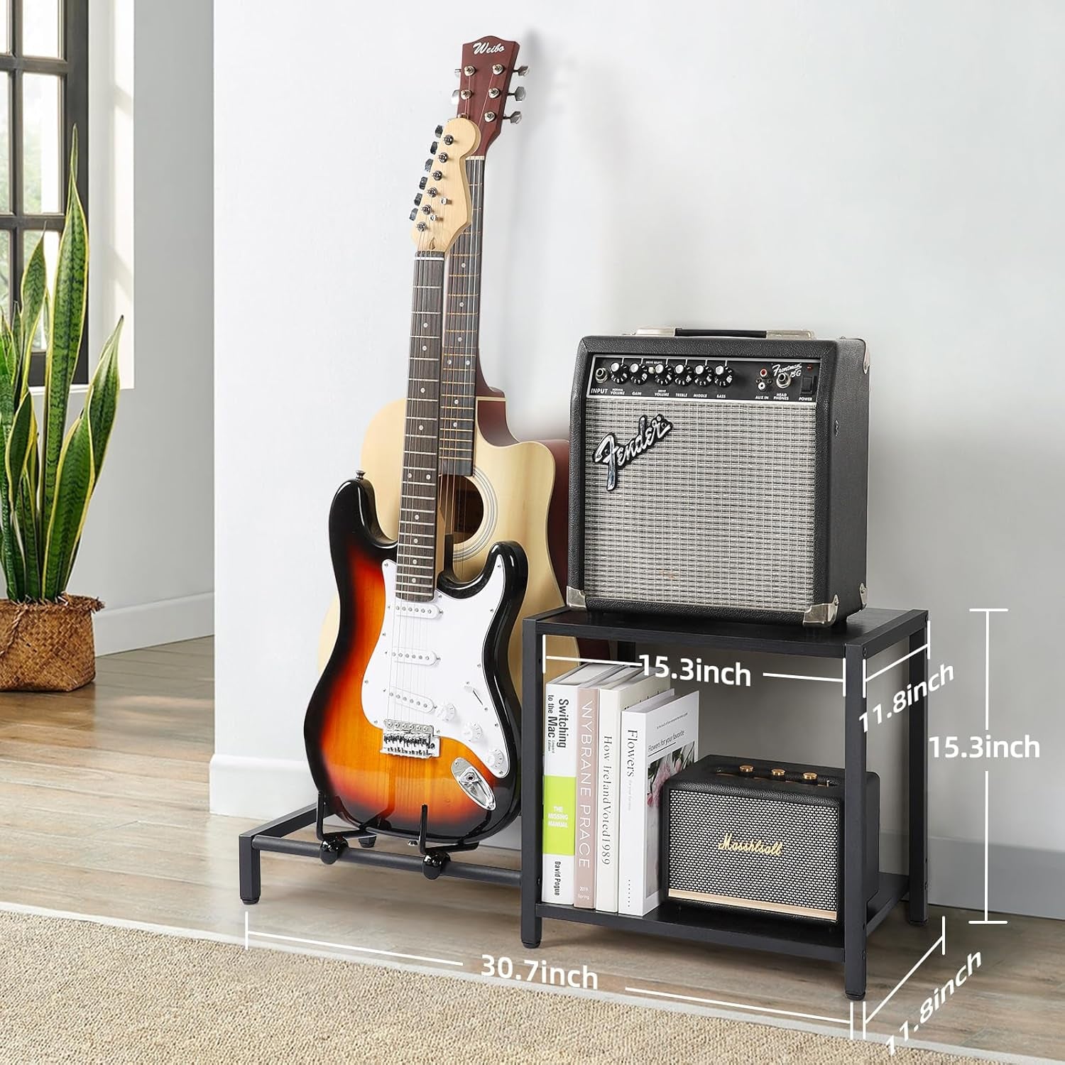 Guitar Stand, 2-Tier Guitar Stands Floor with Guitar Amp Stand, Guitar Rack for Multiple Guitars and Guitar Accessories, Adjustable Guitar Holder, Guitar Display for Music Studio Home, Black