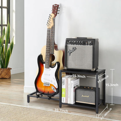 Guitar Stand, 2-Tier Guitar Stands Floor with Guitar Amp Stand, Guitar Rack for Multiple Guitars and Guitar Accessories, Adjustable Guitar Holder, Guitar Display for Music Studio Home, Black