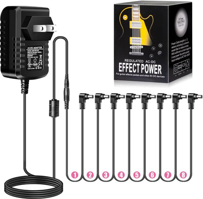 Guitar Pedal Power Supply Adapter 9V DC 1A Tip Negative 8 Way Daisy Chain Cables for Guitar Effect Pedal