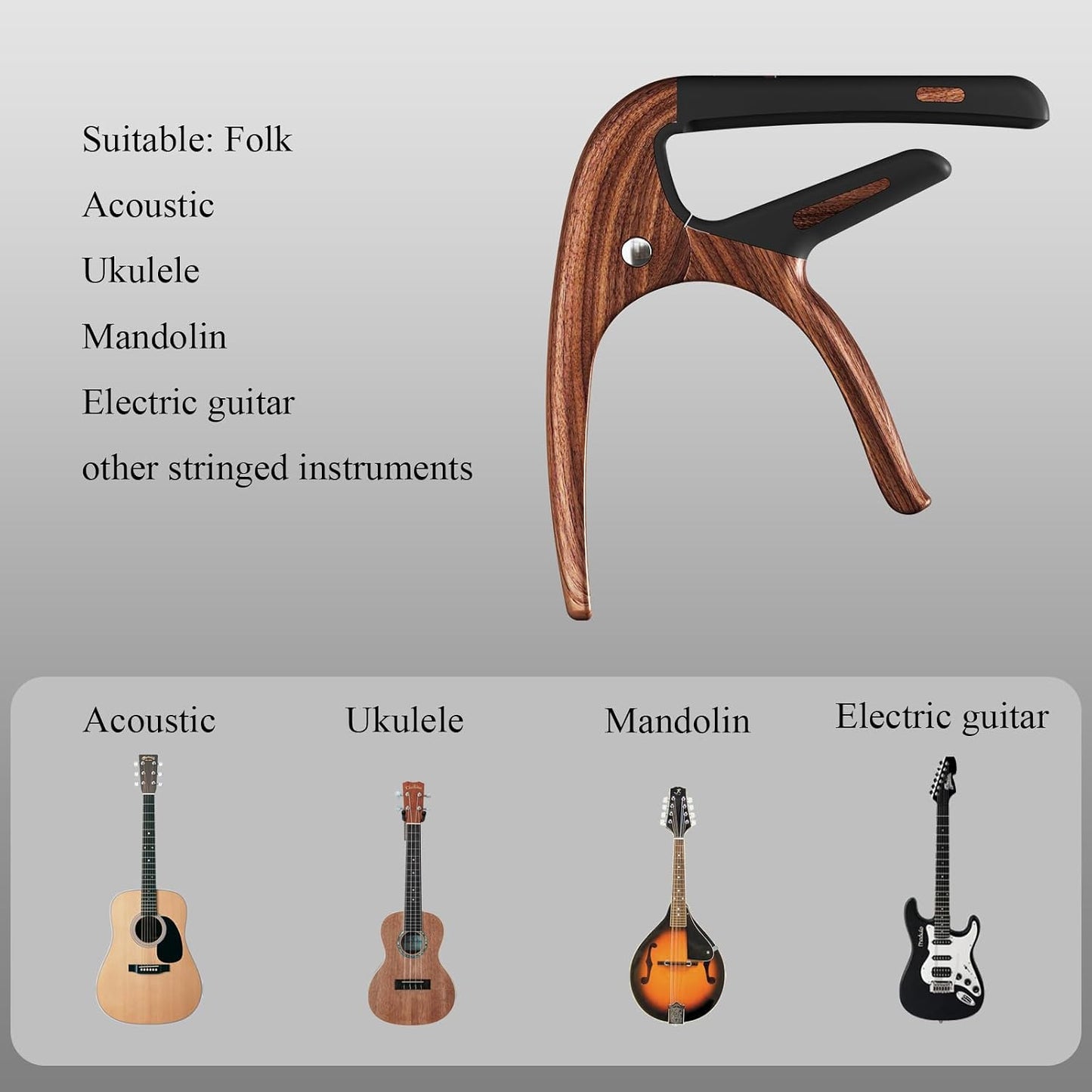 Capo for Acoustic Guitar, Guitar Capo for Electric Guitar, Ukulele and String Instruments, Guitar Capo, Guitar Kapo, Guitar Clamp (Rosewood)