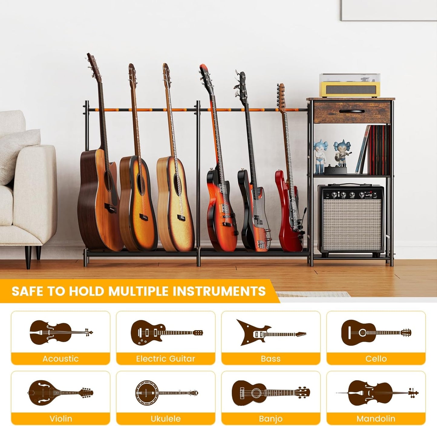 Guitar Stands Floor with 6 Guitar Holders, 3-Tier Guitar Stand Multiple Guitars, Guitar Rack with Amp Stand & Cloth Drawer, Multi Guitar Stand for Music Studio, Guitar Accessories Gift for Music Lover